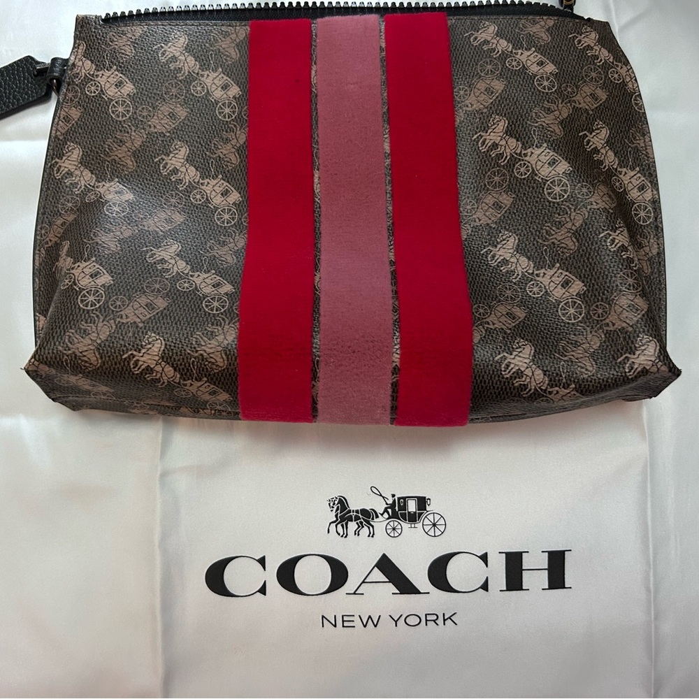 Coach Men's Brown Toiletry Bag with Red Stripes